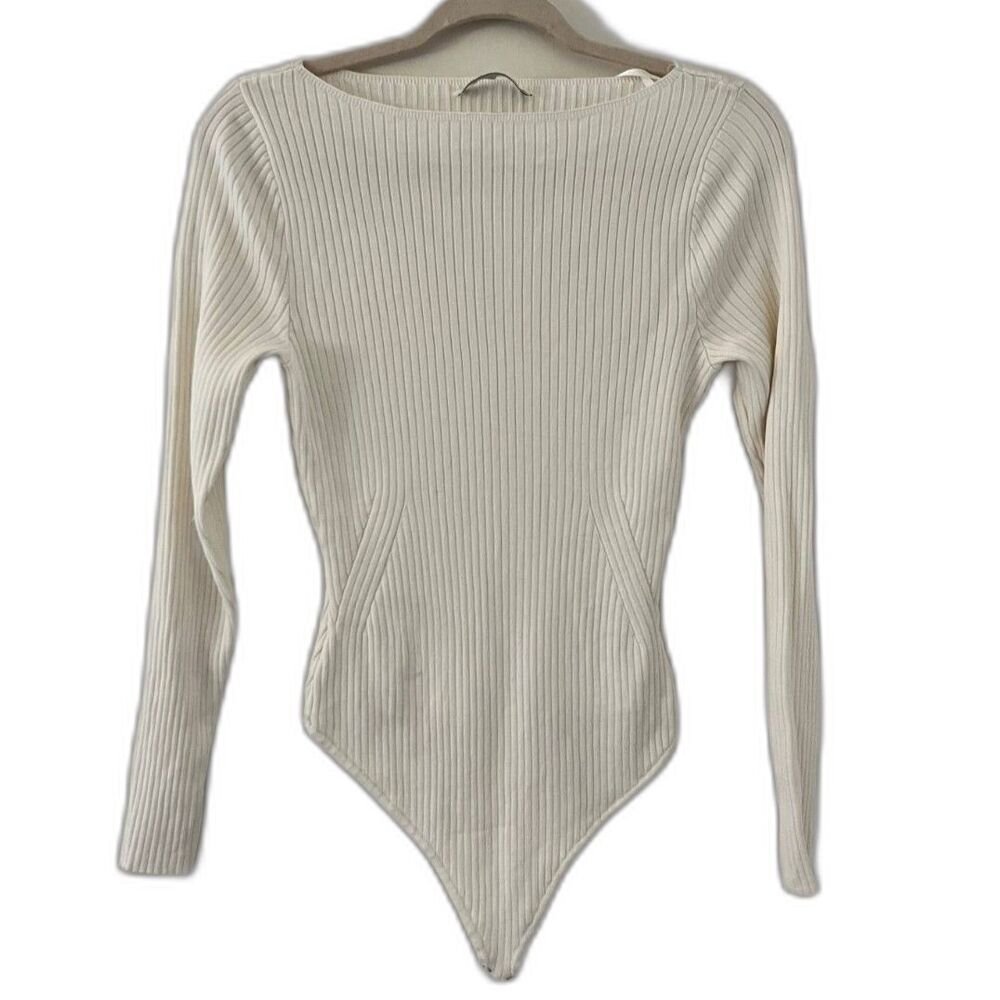 Abercrombie and Fitch Women's White Ribbed Longsleeve Bodysuit - Large